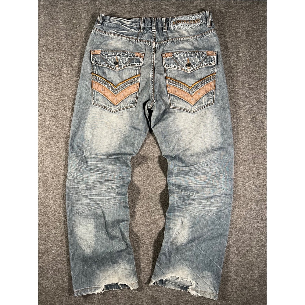 Vintage Angelino Denim Jeans Mens 34x34 Blue Y2K Embroidered Distressed Straight